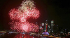 Fireworks explode in Marina Bay against the skyline of Singapore during New Year’s Day celebrations